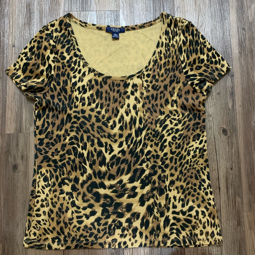 Chaps Leopard Animal Print Short Sleeve Large Top - Picture 8 of 11